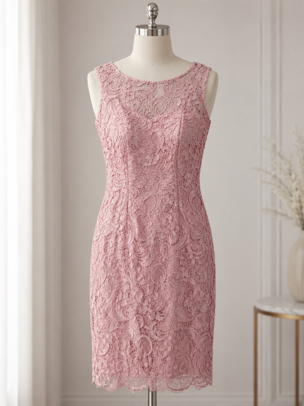 Pink Lace Knee-Length Cocktail Dress with Matching Shawl - Picture 2 of 8